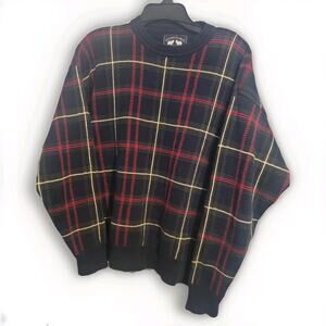 Vintage Woods & Gray Tartan Plaid Sweater Mens M| 90s Grandpa Preppy Academia